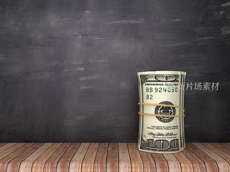 美元钞票滚在木地板-黑板背景- 3D渲染
